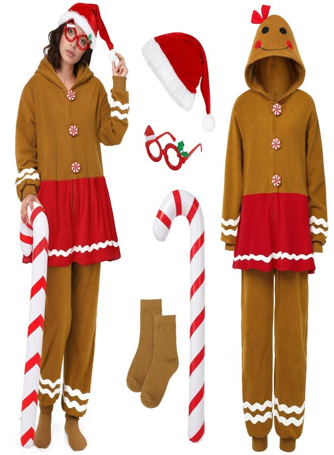 SOMSOC Women Gingerbread Onesie Pajamas Adult Christmas One-Piece Flannel Jumpsuit Gingerbread Hooded Sleepwear Homewear - Image 1